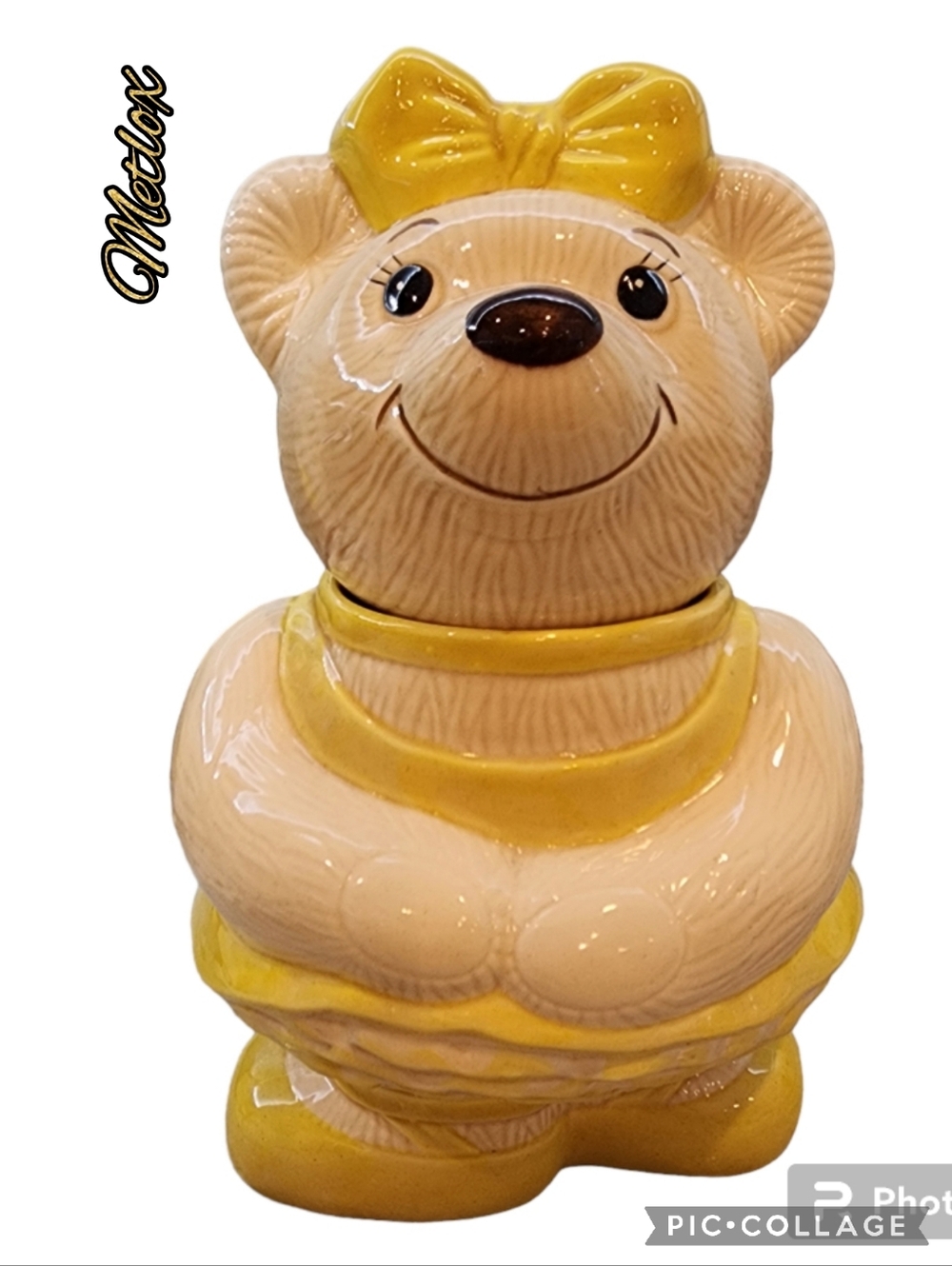 Metlox cookie jar ballerina bear vintage 2 piece yellow & white ceramic ballet